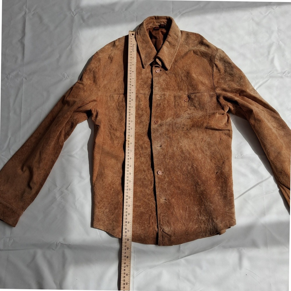 Danier Leather Suede Shirt Jacket Mens Tan Brown Button Front Lined Pockets - Picture 6 of 9